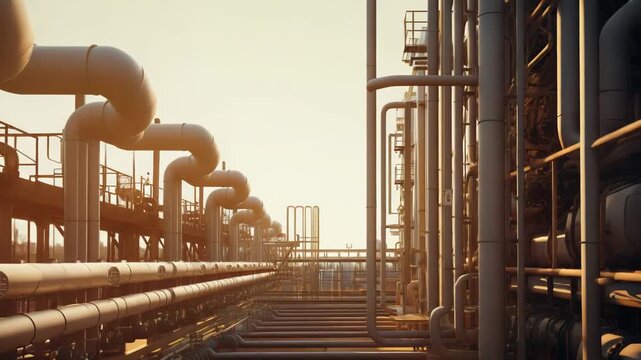 Industrial pipes, columns and steel structures weave through a refinery at sunset, forming a complex network for processing and transporting oil, gas and other energy resources