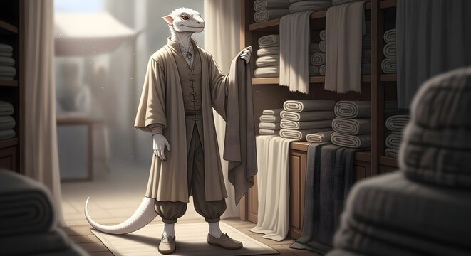 Lizard person wearing traditional robes stands inside a textile shop surrounded by stacks of folded fabrics and towels.