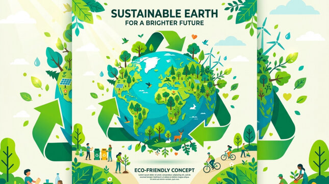 Illustration of a green earth surrounded by recycling symbols trees and renewable energy icons for sustainability