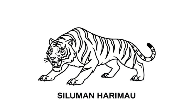 Stylized Tiger Drawing, Fierce Predator, Tribal Art, Black and White Outline
