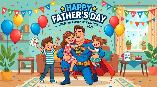 Happy family celebrating father's day with dad dressed as a superhero and kids in festive decorations