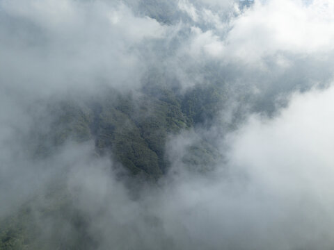 Aerial view of the misty slopes of Mount Merapi covered in lush green forest and thick white clouds in Kecamatan Cangkringan, Daerah Istimewa Yogya, Indonesia.