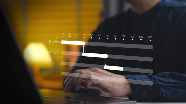 Project manager tracking milestones on digital Gantt chart interface using laptop. Concept of strategic planning, timeline management, workflow organization, and corporate task scheduling.