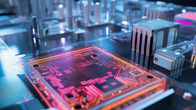 Illuminated integrated circuit on a mother board creating a powerful visual of digital transformation, technological innovation, and data processing in a futuristic computer environment