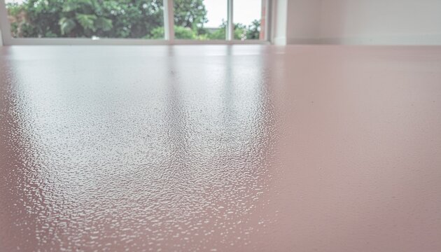 Freshly poured self-leveling floor screed creating a smooth, glossy surface in a contemporary home interior under construction