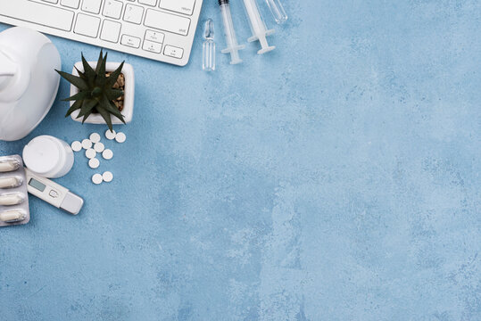 Laptop on office table with coffee cup in modern workspace technology business setup