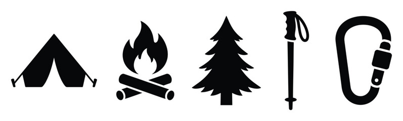 Obraz premium Outdoor adventure activity symbols including tent campfire tree hiking pole and carabiner for camping tourism