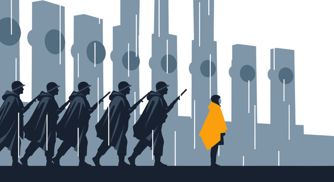 Soldiers march in formation following a lone figure in orange.