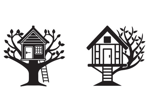 Treehouse silhouettes with tree and ladder  tree houses with doors and windows  treehouse illustrations