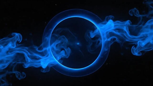 A glowing blue ring surrounded by swirling smoke on a dark background