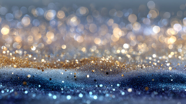 Elegant holiday celebration texture with gold sparkles and blue light orbs

