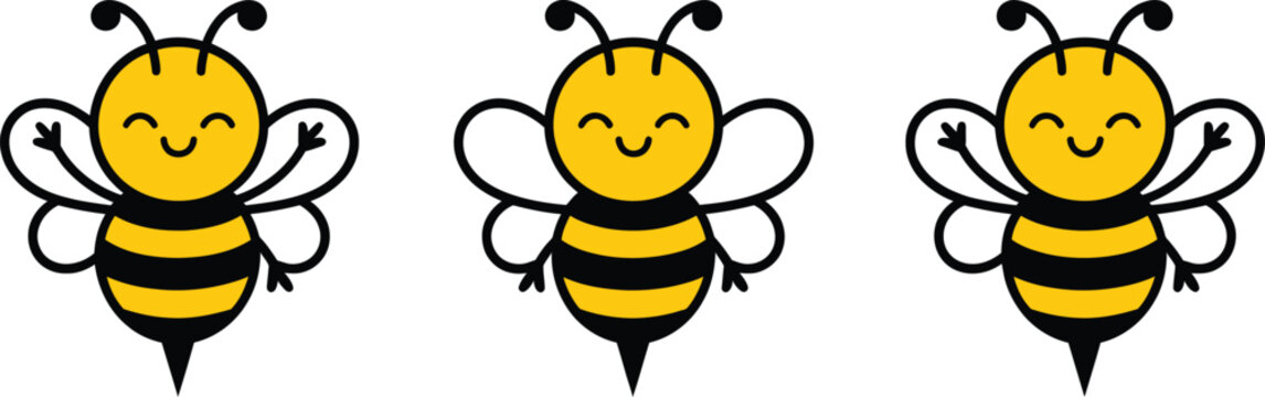 Adorable bees with happy smile and cute expression playful honey lover characters set vector illustration isolated on white for children&rsquo;s design, nature themes and cartoon branding.
