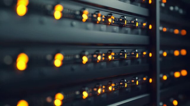 Server rack housing numerous computing devices with blinking orange indicator lights, illustrating the complex and interconnected infrastructure of modern data centers and cloud technology