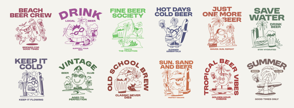 Summer Beer T-shirt Designs Bundle for Print. Apparel Design Collection for Brand, Vintage Classic Beer Graphic Cartoon Vector Illustration Set. Vacation, Holiday 