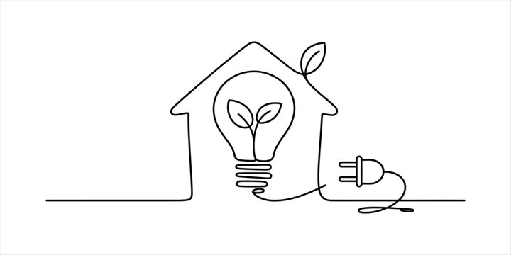 Continuous one line drawing of a house with a green energy light bulb and electric plug