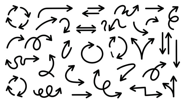 Set of hand-drawn arrows in various styles, shapes, and directions