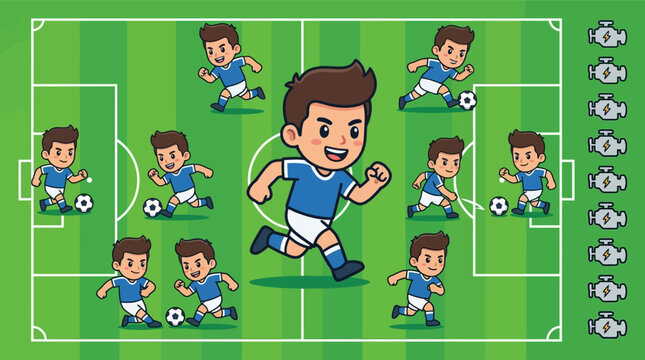 Cute chibi male soccer player character in blue and white uniform running and dribbling a soccer ball across a green grass field pitch with white line markings and energy icons.