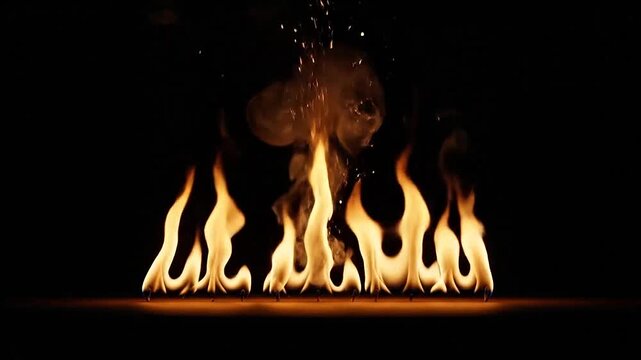 A row of bright orange flames burning steadily against a dark black background