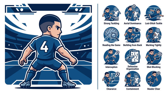 Vector illustration of a chibi soccer defender with jersey number 4 in a stadium, featuring a set of twelve defensive skill icons like tackling, interception, and shot blocking.