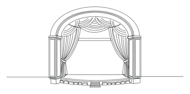 Elegant classical theater stage proscenium arch with drawn curtains ready for performance event graphic