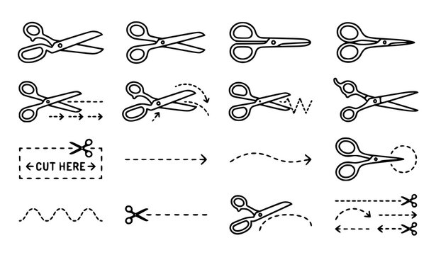 Modern scissors and dashed cutting guide vector icons for sewing craft and paper cutoff concepts