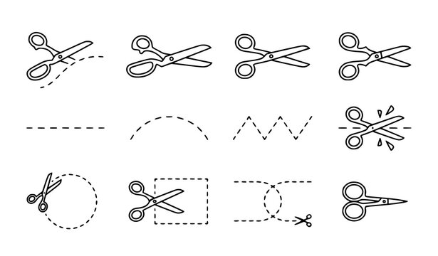 Scissors with dotted cutting line icon set vector for sewing tailor craft and cutoff symbols