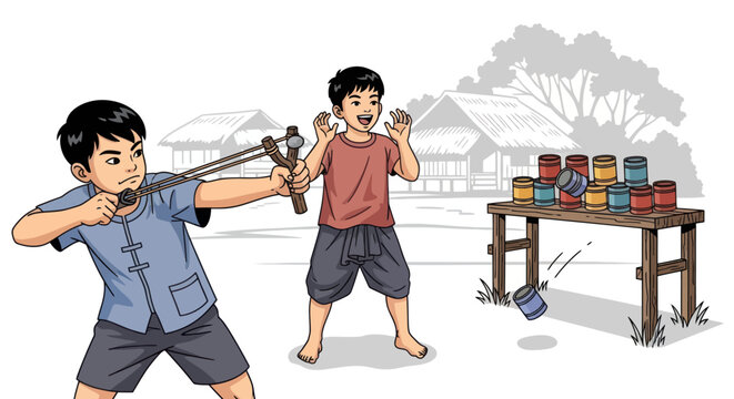 Childhood fun: Boy aims slingshot at tin cans, another cheers in rural village setting.