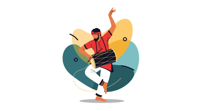 Energetic man in traditional red clothing playing a dhol drum and dancing against a colorful abstract background.