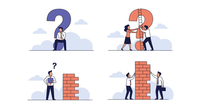 Conceptual illustration showing business people solving problems and building brick walls with question marks.