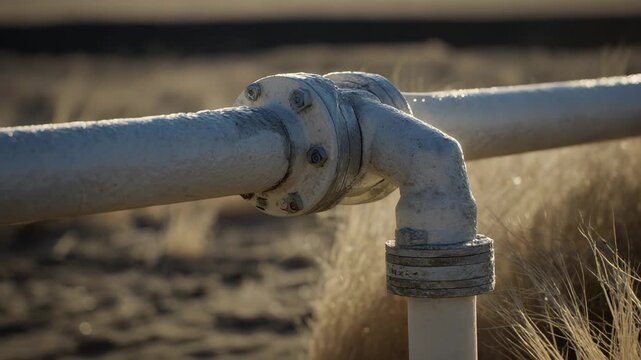 Industrial pipeline section with bolted flange fitting and weathered white coating, extending through a dry, grassy field, symbolizing energy transport and infrastructure