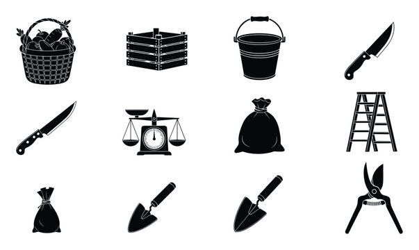 Set of essential farming and gardening tools along with harvest items ideal for agricultural themed designs