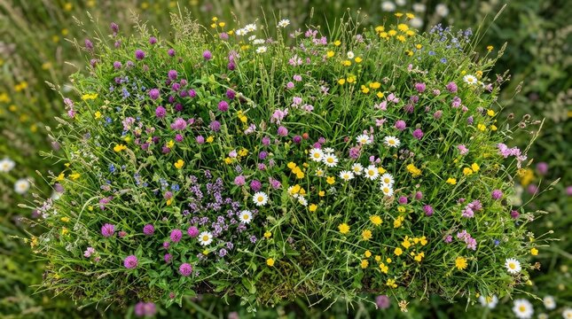 Vibrant meadow bursting with tiny wild flowers and lush green grass, a natural spectacle of summer bloom
