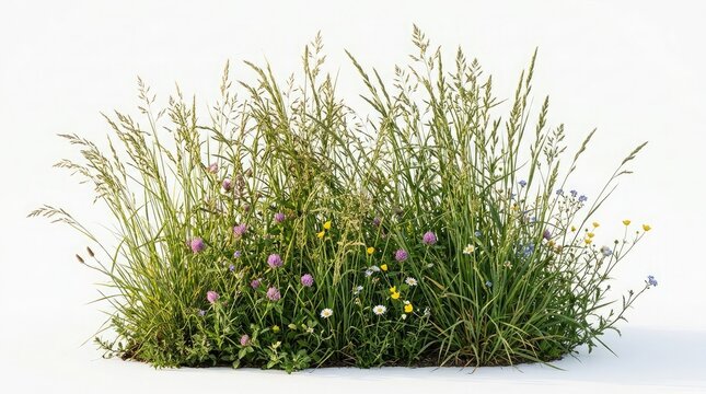 Ultra-realistic clump of wild grass with vibrant scattered wildflowers, perfect for natural landscape design, ecological themes, and architectural visualization, isolated on a clean white background