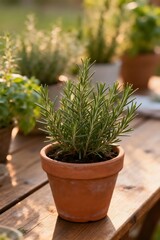 Fototapeta premium Outdoor Garden Table with Fresh Herbs in Terracotta Pots