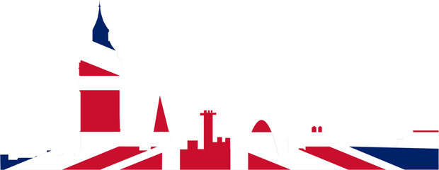 Naklejka premium Silhouette of the iconic London skyline featuring Big Ben and other famous landmarks, filled with the vibrant colors and design of the Union Jack flag, set against a clean white background.