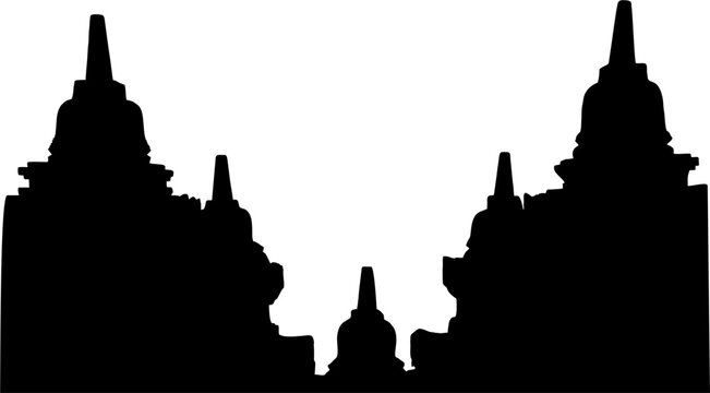 Black silhouette of an ancient tiered temple complex with multiple stupas against a stark white background, showcasing intricate architectural forms.