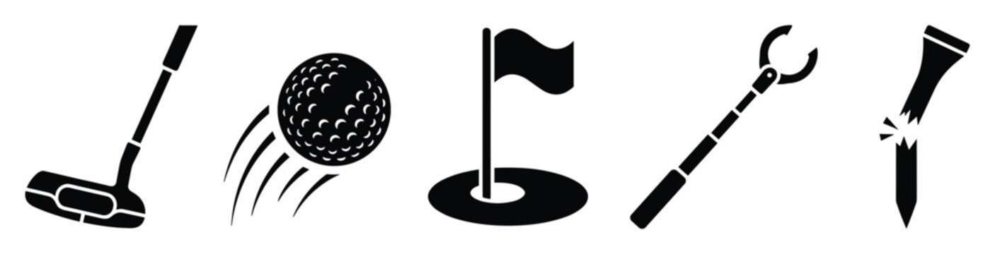 Versatile golf icons showing putter ball flag hole retriever broken tee for athletic sports apps