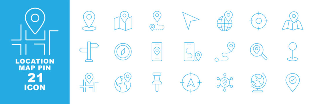 Map and location icon set. Navigation, GPS, direction, travel, route, destination, road, navigator icons. Thin line editable stroke vector illustrations. Map pin thin line icon set. destination point