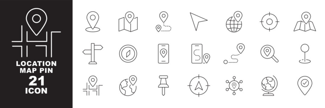 Map and location icon set. Navigation, GPS, direction, travel, route, destination, road, navigator icons. Thin line editable stroke vector illustrations. Map pin thin line icon set. destination point