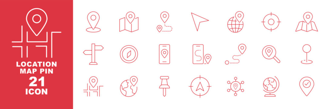 Map and location icon set. Navigation, GPS, direction, travel, route, destination, road, navigator icons. Thin line editable stroke vector illustrations. Map pin thin line icon set. destination point