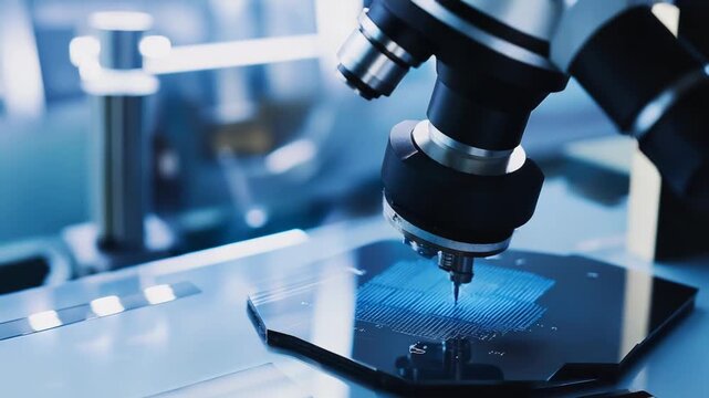 Automated machine with a high precision tool head actively processing a semiconductor wafer, fabricating microscopic electronic circuits and advanced microchips in a cleanroom environment