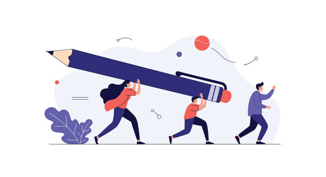 Team of creative professionals collaborates to carry giant writing tools symbolizing the power of words and ideas.