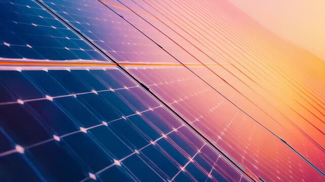 Solar panels absorb the vibrant colors of an evening sky, reflecting the sun's warm glow while converting radiant energy into sustainable electricity for a brighter future