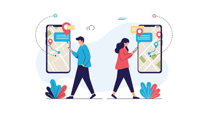 Man and woman use mobile navigation apps on their smartphones while walking in opposite directions in the city.