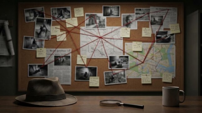 Detective investigation board with photos and red string on desk