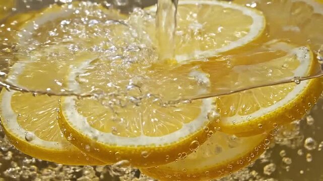 Clear liquid is poured over fresh yellow lemon slices in a glass container