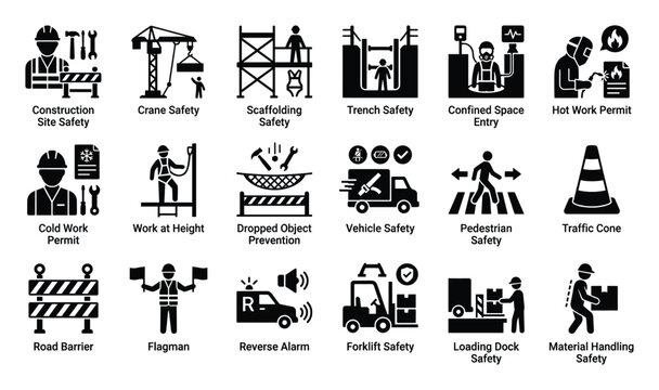 Set of construction and industrial safety icons for training, manuals, and site awareness.