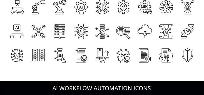 AI Workflow Automation Icon Set With Robotics Process Management Data Analysis And Smart Technology Vector Illustration