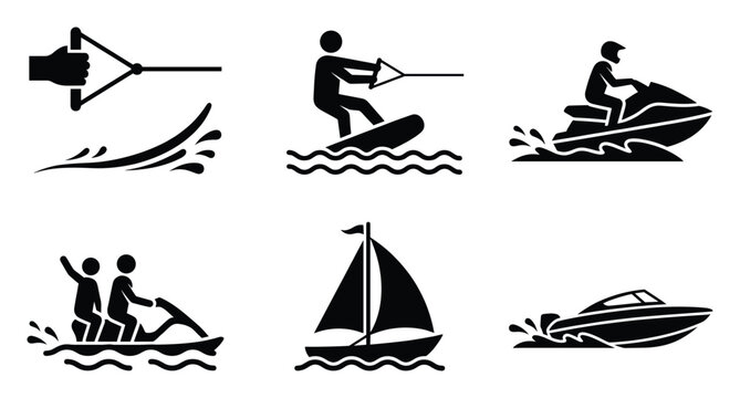 Water sports and boating icons depicting summer activities for graphic projects