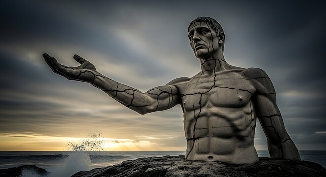 Stone statue of a man reaching out with open hand, dramatic sky